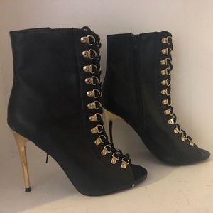 Black and Gold open toe heeled boots
